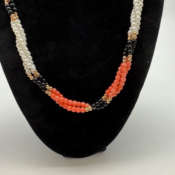 Vintage Multi-Strand Coral Onyx & Faux Pearl Beaded Necklace With Gold-Plated St - Picture 2 of 7